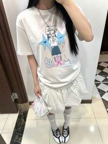 Camiseta personalizada con estampado de grafiti estilo soft girl, top holgado informal de manga corta para mujer, camiseta de algodón holgada unisex de manga corta con cuello redondo, estilo vintage urbano, color blanco, para verano. - Blanco - Ver 2