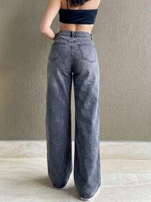 Women's Wide Leg Jeans, High Waist, Butt Lifting Design - Garafite Rasgada - 查看 2
