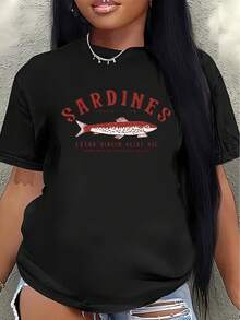 Lightweight And Durable Polyester Short-Sleeved T-Shirt With A Sardine Pattern Design, Suitable For Casual Wear At Home Or In Restaurants, Comfortable And Fitted For Everyday Use. Women's Blouses > Clothing - 黑色 - 查看 7