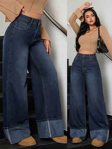 Tall Jeans de pierna ancha con diseño de dobladillo vuelto, estilo vintage lavado, casual y elegante para mujer en invierno - Azul lavado oscuro - Ver 1