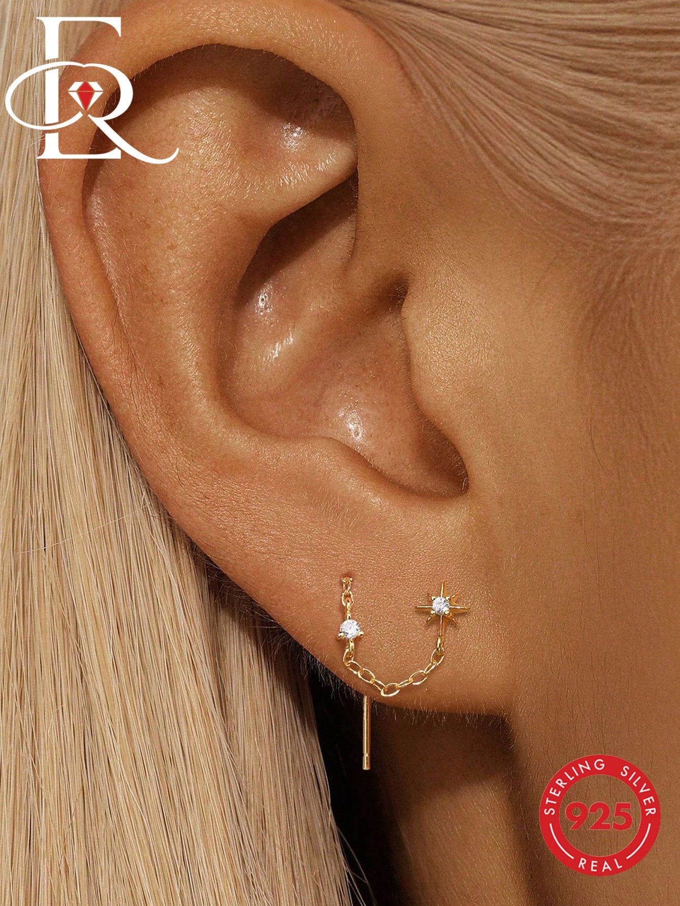 EleRunis 1pc 925 Sterling Silver Rhinestone Long Tassel Cartilage Earring Studs For Women, Daily Wear, Wedding, Party, Valentine's Day Jewelry