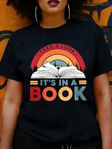 Camiseta de Mujer Estilo Retro Vintage con Diseño de Libro y Arcoíris para Amantes de la Lectura, Perfecta para Uso Casual en Primavera y Otoño, Regalo Ideal para Lectores Ávidos y Entusiastas de la Literatura - Negro - Ver 1