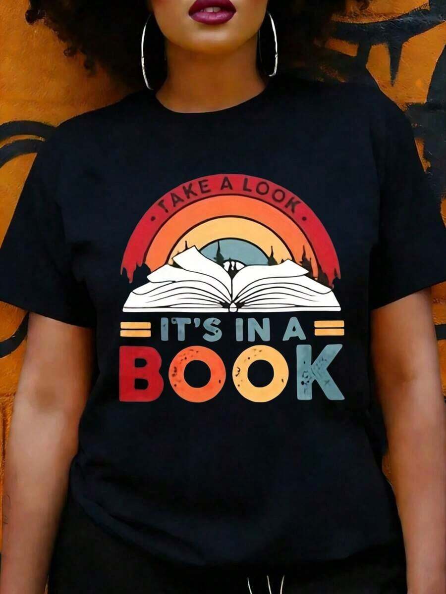 Camiseta de Mujer Estilo Retro Vintage con Diseño de Libro y Arcoíris para Amantes de la Lectura, Perfecta para Uso Casual en Primavera y Otoño, Regalo Ideal para Lectores Ávidos y Entusiastas de la Literatura - Negro - Ver 1