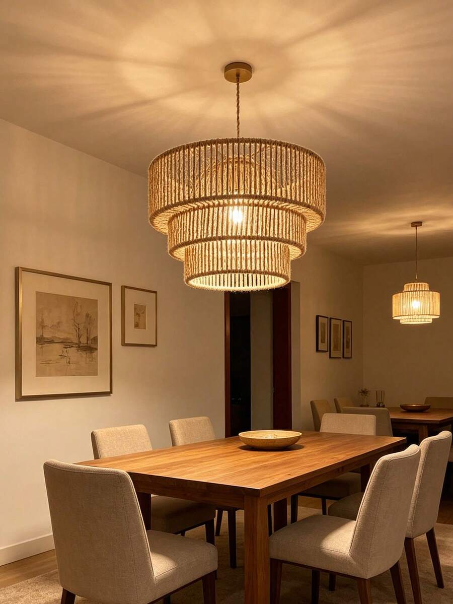 Pantalla de lámpara de tambor de ratán pulido de moda moderna - Pantalla de lámpara colgante de ratán tejida a mano, accesorio de lámpara de techo de estilo rústico, sin alimentación y cable/decoración del hogar (solo la pantalla de la lámpara)