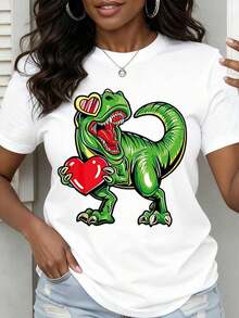 Women's Short Sleeve T-Shirt With Round Neck And Dinosaur Print Holding A Heart With Sunglasses S-3XL Fashionable, Comfortable And Breathable, Machine Washable - 白色 - 查看 1