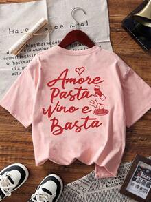 New Minimalist Summer T-Shirt, Printed With Italian Lettering About Wine And Pasta, Round Neck, Short Sleeves. Versatile And Elegant Top For Women, Pink Color - 糖果粉紅色 - 查看 2