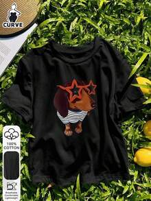 Camiseta de manga corta 100% algodón con estampado de perro para mujer de talla grande, camiseta gráfica, tela suave, ropa de algodón, camiseta para exteriores, estampado, camiseta de verano, camiseta de mujer, top, ropa de verano, atuendo de vacaciones, estilo de viaje, estilo playero, ropa minimalista para resort. - Negro - Ver 3