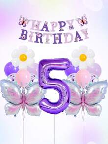 16pcs Butterfly Themed Birthday Balloon Set, 40-Inch Purple 0-9 Number Foil Balloons, Large Butterfly Shaped Balloons, Daisy Balloons, Happy Birthday Backdrop Banner, Dark Purple, Macaron Purple, Pink Latex Balloons, Suitable For Birthday Party, Butterfly Theme Decoration - Butterfly-themed Birthday Set - View 5