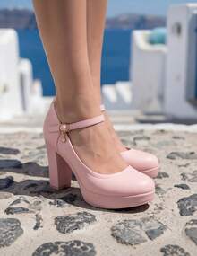 Geeyea Red Mary Jane Chunky Heels, Comfortable Round-Toe Flats With A Single Buckle, Versatile Women's Shoes. - 粉色 - 查看 3