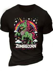 Zombie Unicorn And Zombie Horse Graphic T-Shirt - Vintage Retro Horror And Cute Cartoon Design, Unisex Adult Cotton T-Shirt With ZOMBIEECORN Print, Loose Fit Casual T-Shirt For Halloween Costumes, Parties And Casual Wear (Machine Washable) - 黑色 - 查看 1
