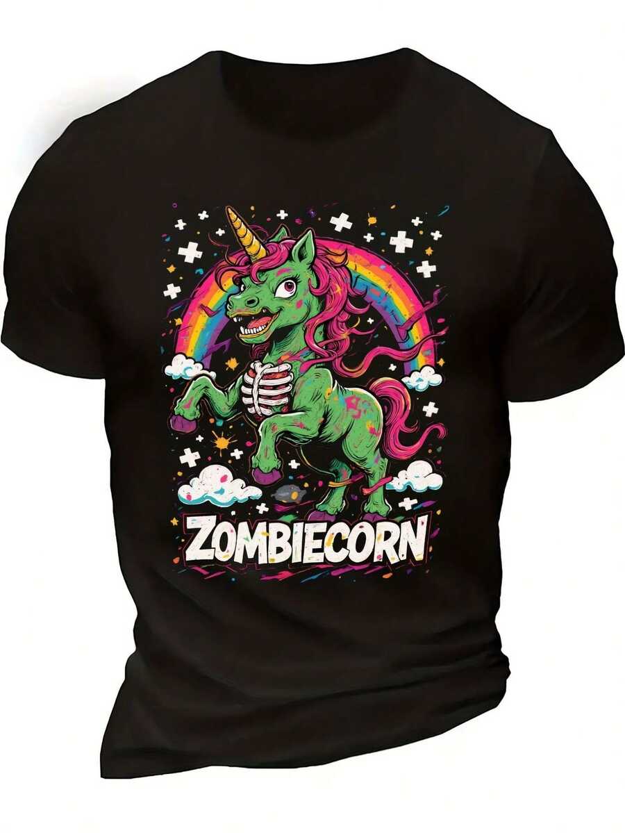 Zombie Unicorn And Zombie Horse Graphic T-Shirt - Vintage Retro Horror And Cute Cartoon Design, Unisex Adult Cotton T-Shirt With ZOMBIEECORN Print, Loose Fit Casual T-Shirt For Halloween Costumes, Parties And Casual Wear (Machine Washable) - 黑色 - 查看 1