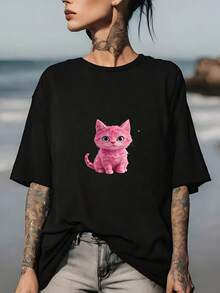 Camiseta con estampado de gatito rosa, ideal para familiares y amigos - regalo perfecto para celebraciones navideñas y actividades de team building - camiseta de tela suave de 180g para mujer. - Negro - Ver 7