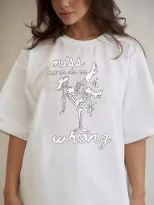 A Loose-Fitting Crew Neck T-Shirt With A Print Of A Cowgirl Holding A Martini Glass, A Fashionable Women's Spring/Summer Garment - High Quality. - 白色 - 查看 6