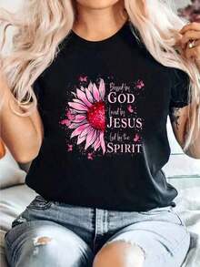 Camiseta transpirable con estampado de girasol rosa "Loved By Jesus", camiseta cómoda de manga corta con cuello redondo para primavera y verano, ropa de mujer, camisetas gráficas occidentales, ropa de hombre, camisas para hombre, camisetas gráficas, ropa de mujer, tops de verano, ropa de verano, camisetas gráficas, playeras de mujer algodón,  mujer premium - Negro - Ver 7
