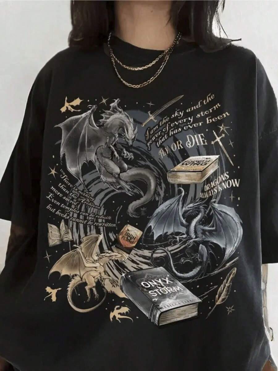 Women's 100% Cotton Graphic T-Shirt - Agate Storm Design, Breathable And Sweat-Absorbent, Casual Crew Neck Short Sleeve With Dragon And Book Art Print, Perfect For Outdoor Sports And Holiday Gifts - 黑色 - 查看 1