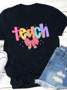 11 Women's Short Sleeve Graphic Print T-Shirts, 100% Cotton, Soft, Breathable, Simple Casual Style, College Style T-Shirt For Teachers - Soft Light Pink (Pink, Purple, Blue, Green, Yellow) - Loose Casual Clothing For Educators - Teacher Appreciation Gift - Back To School Clothes, Last Day Of Class, Summer Clothes - 100% Cotton T-Shirt For Daily Use In Teaching, Employee Clothing, Fun Lettering Design, Breathable Material, Crew Neck T-Shirt, Versatile Everyday Summer Wear For Employees. - 黑色 - 查看 6