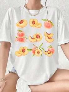 Women's Premium Black T-Shirt With Peach Print, Plus Size Casual Summer Top, Graphic T-Shirt With Adorable Peach Design, For Everyday Wear And  Ideas - 白色 - 查看 6
