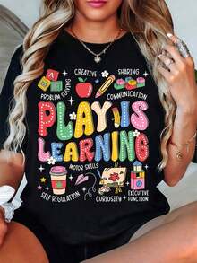 1 "Play Is Learning Teacher" T-Shirt - Bright Educational Print, Breathable Summer Casual Top, Machine Washable Crew Neck Design, Teacher's Day Gift, Teacher T-Shirt, Casual Wear, Stretch Fabric, 180g 100% Cotton. - 黑色 - 查看 1