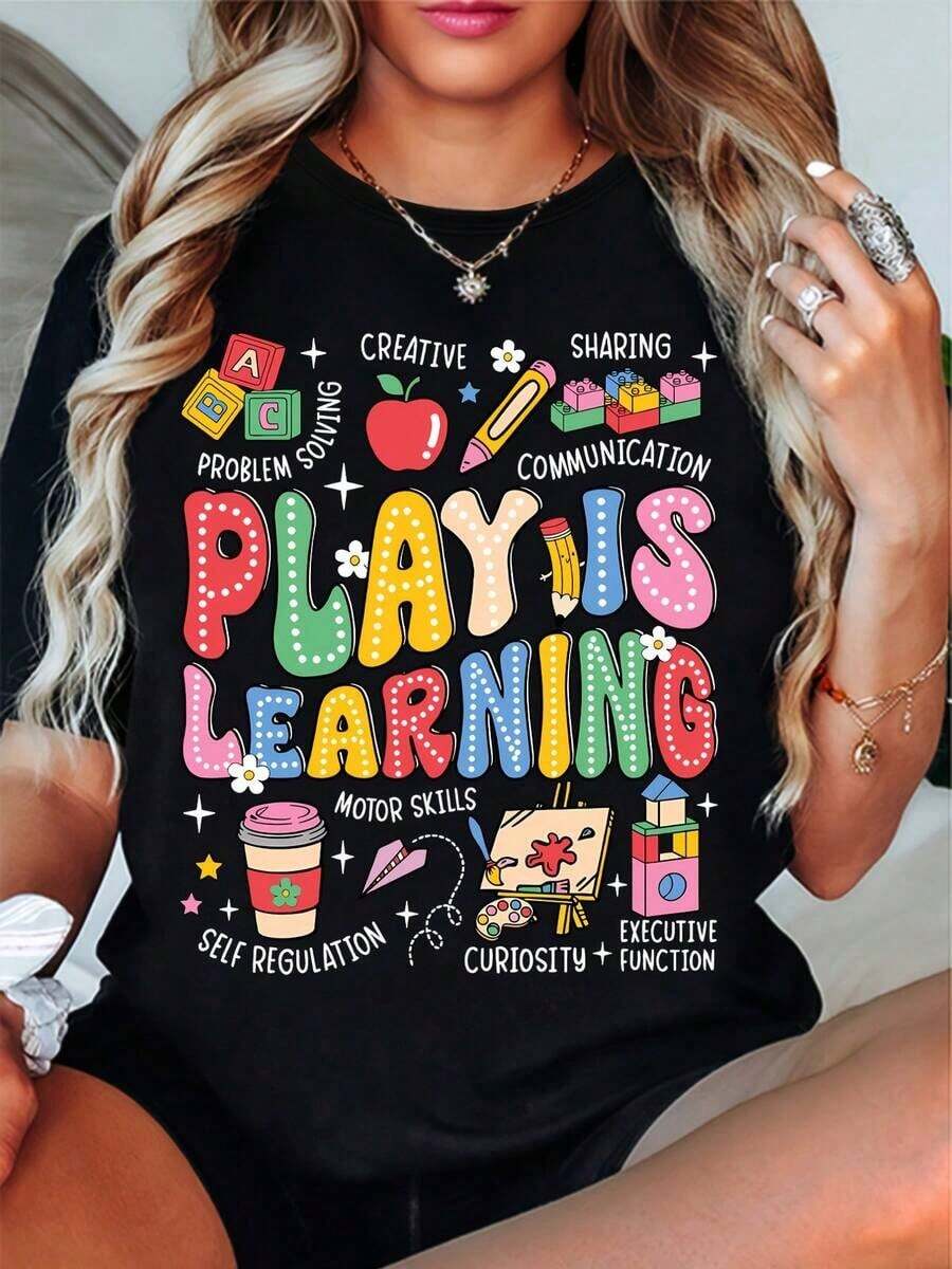 1 "Play Is Learning Teacher" T-Shirt - Bright Educational Print, Breathable Summer Casual Top, Machine Washable Crew Neck Design, Teacher's Day Gift, Teacher T-Shirt, Casual Wear, Stretch Fabric, 180g 100% Cotton. - 黑色 - 查看 1