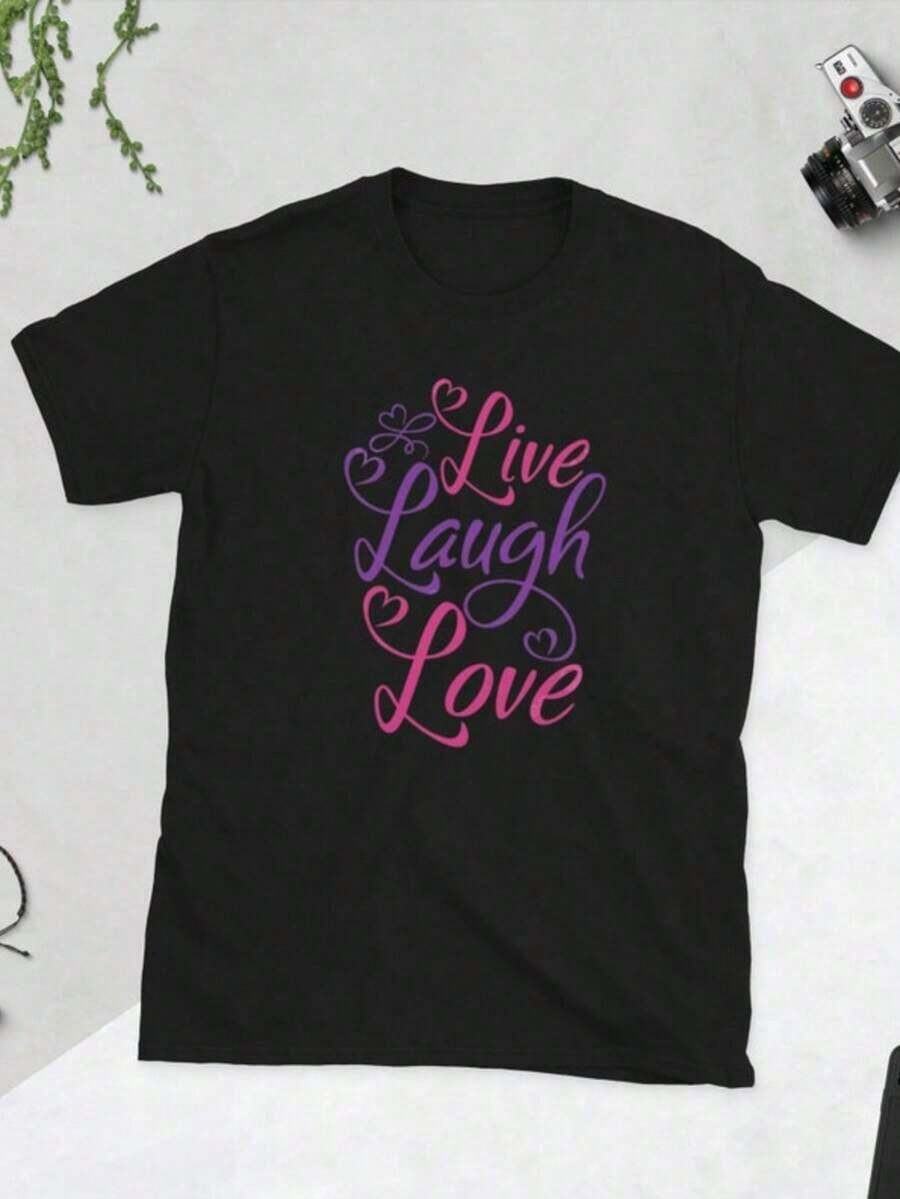 1 Piece Women's Love Print T-Shirt, Valentine's Day Print T-Shirt, Pink Heart T-Shirt, Love T-Shirt For Women, 180g, 100% Cotton - 黑色 12 - 查看 1