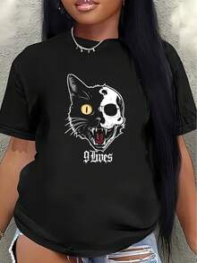 This Lightweight And Durable Short-Sleeved T-Shirt With A Cat Head Design Is Perfect For Home, Cafes, Or Outdoor Leisure Activities, Offering A Comfortable Wearing Experience. Casual Blouse For Women - 黑色 - 查看 1