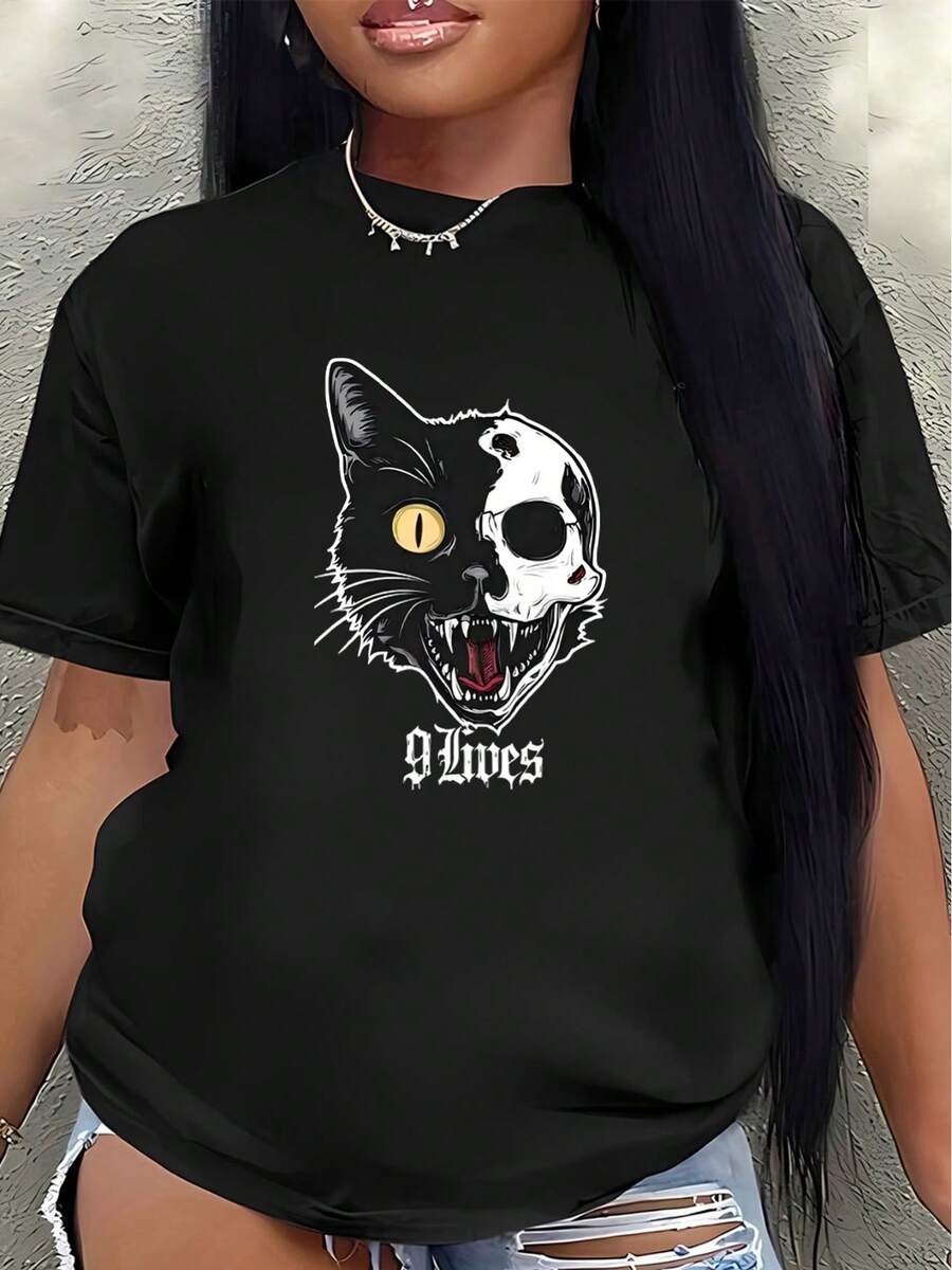 This Lightweight And Durable Short-Sleeved T-Shirt With A Cat Head Design Is Perfect For Home, Cafes, Or Outdoor Leisure Activities, Offering A Comfortable Wearing Experience. Casual Blouse For Women - 黑色 - 查看 1