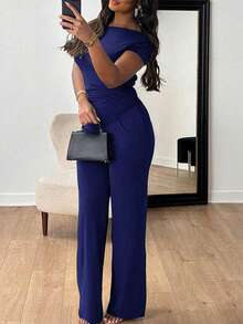 New Women's Summer Outfit, Minimalist And Elegant Style, Short Sleeves, Long Pants, Flattering Design, Cool, Versatile, Perfect For Office, Daytime Looks, Walks And Everyday Wear - 藏蓝色 - 查看 5
