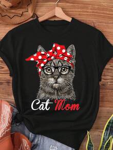Camiseta Deportiva Casual para  con Estampado de Gato Atigrado Gris y Texto Mom - Camiseta Elástica de Cuello Redondo, Lavable aáquina, Ajuste Cómodo y Perfecta para Todas las Estaciones. - Negro - Ver 1