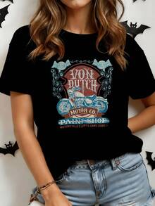 Classic Blue Motorcycle With Vintage Details That Evoke Freedom, Adventure And Urban Spirit On An Artistic Background With Retro Lettering. Women's Casual Modern Comfortable T-Shirt For Everyday Wear - 黑色 - 查看 8