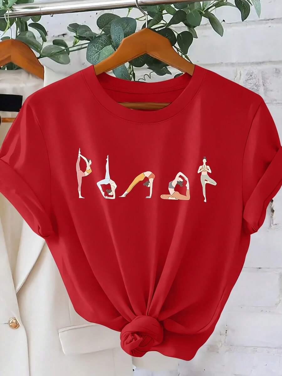 Short-Sleeved T-Shirt With Yoga Pose And Letter Print, Round Neck, Cool Style For Women, Elegant, Casual, Loose, For Parties And Holidays, Spring Summer 2026, Easy To Match, Versatile, For Going To Work, Sizes S-XXL, Winter Clothing For Women. - 紅色 - 查看 1