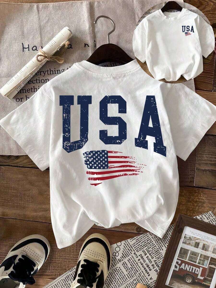 T-shirt à manches courtes col rond pour femmes avec motif lettre & drapeau américain - Blanc - Voir 1