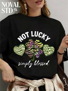 1 PcsWomen's Summer 'Not Lucky Simply ' Animal Print Clover St. Patrick's Day Design Street Casual Vacation Style Loose Multifunctional Crew Neck White Short Sleeve, Fashionable Daily Top, Suitable For Everyday Wear.180g Cotton 100% - 黑色 - 查看 7