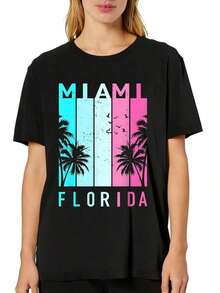 1 Piece Of Women's Casual T-Shirt With Miami, Florida Print, Beach Souvenir, Short Sleeve, Comfortable For Casual And Elegant Outfits, Lightweight And Breathable, Machine Washable, Regular Fit, Round Neck, 180g, 100% Cotton. - 黑色 - 查看 2