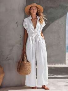 Casual Retro-Style Jumpsuit For Vacation, V-Neck With High Collar, Zipper And Drawstring - White - View 4