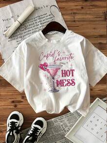 playeras de mujerWomen's "Cupid's Favorite HOT MESS" Graphic T-Shirt - Short Sleeve Crew Neck Casual Top with Martini Glass & Stars Print, Lightweight Summer & Spring Tee, Machine Washable, Ladies T Shirts, Leisure Clothing, Nontransparent Fabricblusas casuales para dama - Blanco - Ver 1