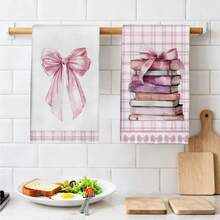 2 pièces/set Serviettes de cuisine à motif nœud papillon et livre à carreaux roses, 40*60cm en microfibre douce, convient pour la maison, la cuisine, le restaurant, le camping extérieur, le nettoyage de table, le séchage de la vaisselle, les cadeaux - Multicolore - Voir 4
