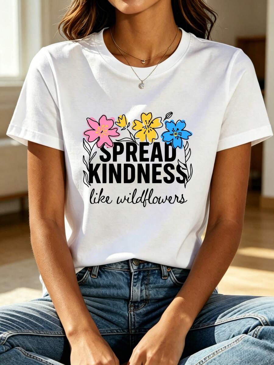 Women's Summer T-Shirt With Simple And Versatile Design, White Print "Spread Kindness Like Wildflowers," Colorful Floral Pattern With Pink, Yellow, And Blue Tricolor Flowers, Artistic Design With Hand-Drawn Fonts, Inspirational Phrase, Casual, Suitable For Beach Vacations And Outdoor Events, Cotton T-Shirt - 白色 - 查看 1