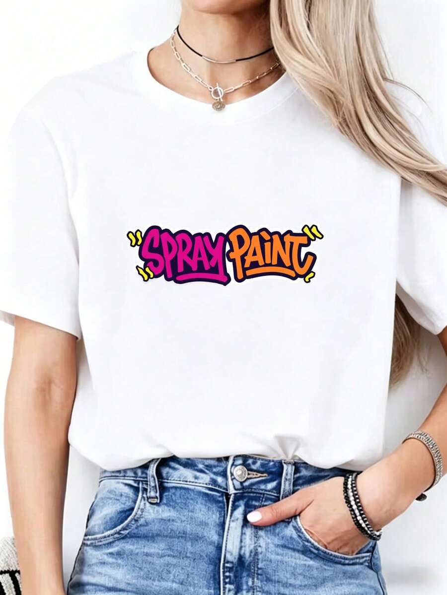 Women's Printed T-Shirt SPRAY PAINT - Casual Short Sleeve Crew Neck T-Shirt In White With Striking Text Design. Relaxed Fit For All Seasons, Perfect For Everyday Wear And Holiday Outfits (Machine Washable). - White - View 1