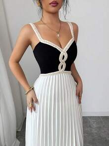Vestido plisado de línea A con cintura ceñida, cuello en V sin mangas y contraste de colores, vestido elegante y romántico delicado para mujeres, temporada de bodas, fiestas, con decoración de ribete floral - Multicolor - Ver 8