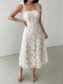 Vestido de playa de largo medio con estampado jacquard, tirantes con lazo y estilo de vacaciones para mujer, color blanco - Albaricoque - Ver 4