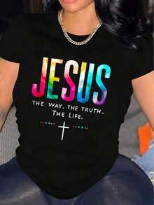 Camiseta casual de manga corta para mujer estampada con "Jesus And THE WAY". VERDAD. Camiseta Oversize con la Letra LIFE, Ropa de Verano, Estilo Urbano, Casual, Cuello Redondo, Algodón, Moda de Verano, Camiseta Holgada para Mujer, Atuendo Diario - Negro - Ver 1