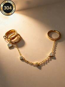 ZCNC 304 Stainless Steel 18K Gold Plated Heart Chain Ring Set, 3pcs/Set, Inlaid Pearl & Fully Paved Ring, Low Allergy, Fashion Jewelry, Perfect Mother's Day Gift, Summer Vacation Accessory - Gold - View 7
