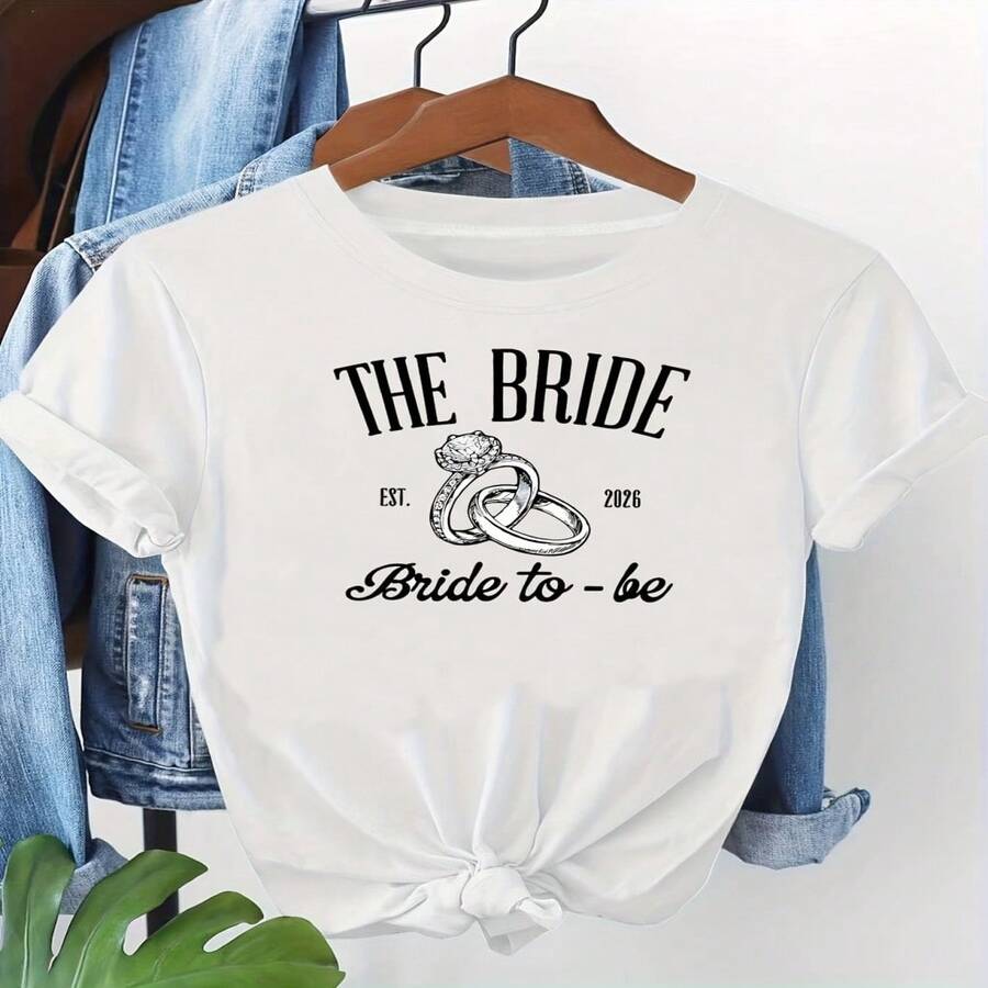 Camiseta de Talla Grande, Estilo Romántico de Boda "La Novia" con Estampado de Anillo "Bride to Be", Manga Corta y Cuello Redondo, Blanca, Lavable a Máquina, Estilo Casual, Ajuste Cómodo, Diseño Moderno, Versátil para Uso Diario, Tela Suave, Estilo de Moda S-XXXL - Blanco - Ver 1