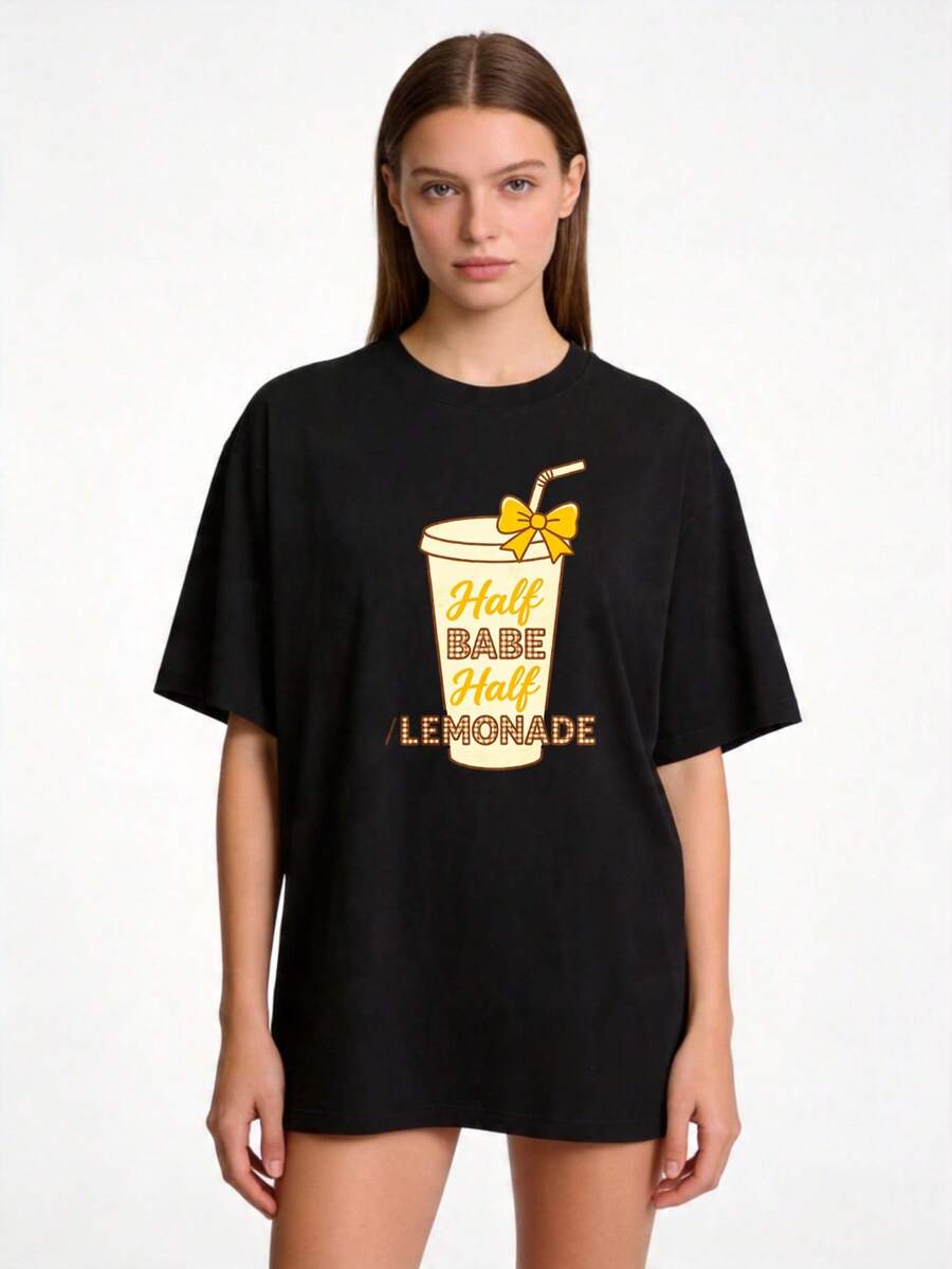 Women's T-Shirt, Casual Summer T-Shirt With Round Neck, 100% Pure White With Print Of A Semi-Nude Girl And Half Lemonade, Suitable For Family Use And Couple Sets, Perfect For Warm Weather Days, An Ideal Gift For Mom, For Mother's Day Family Gatherings And As A Gift For Good Friends. - 黑色 - 查看 1