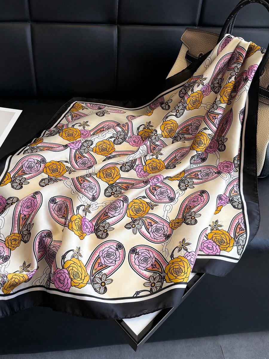 1件女款優雅復古印花薄緞面仿絲方巾,波希米亞風領巾披肩,輕盈舒適方巾 - 彩色 - 查看 1