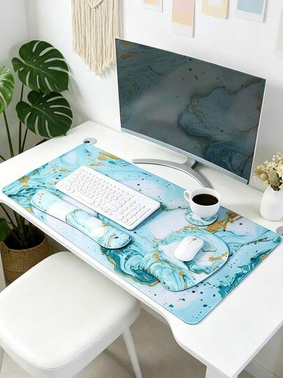 Four-Piece Marble Figure Butterfly Wrist Mouse Pad+Keyboard Holder+XL Mouse Pad+Coasters, Anti-Slip Rubber-Soled Wrist Guard Design, Relieve Pressure, Desk Decor.