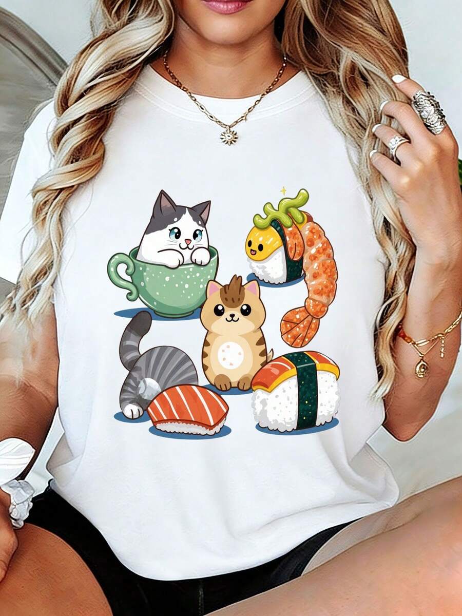 Women's T-Shirt With Cat And Sushi Print - Adorable Whimsical Anime Cat Design Combined With Nigiri, Fish Roe, Shrimp, And Egg Patterns. Loose Fit, Soft And Casual, Ideal For Summer. A Perfect Gift For Pet Lovers, Foodies, And Fans Of Japanese Culture. Women's T-Shirts - 白色 - 查看 1