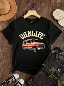 Camiseta de Mujer 2026, Casual, Cuello Redondo, Manga Corta, Opciones en Blanco y Negro, Estampado Gráfico Vanlife, Camisetas de Uso Diario de Verano, Tops de Verano, Camisetas Gráficas, Conjuntos de Verano, Camisetas Cortas de Mujer, Blusas para Mujer Casuales, Ropa Linda de Algodón Vintage para Mujer. - Negro - Ver 3