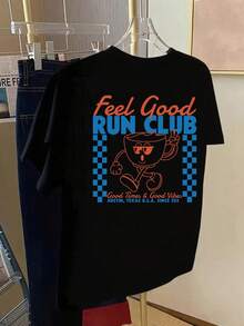 Feel Good Run Club, Club Print T-Shirt, Short Sleeve, Round Neck, Casual Top For Spring And Summer, Women's Clothing - High Quality - 黑色 - 查看 7