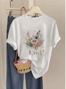 Camiseta casual de manga corta con cuello redondo y estampado de adorno de flores de ensueño, 100% algodón, ideal para verano y primavera, ropa de mujer - Blanco - Ver 2